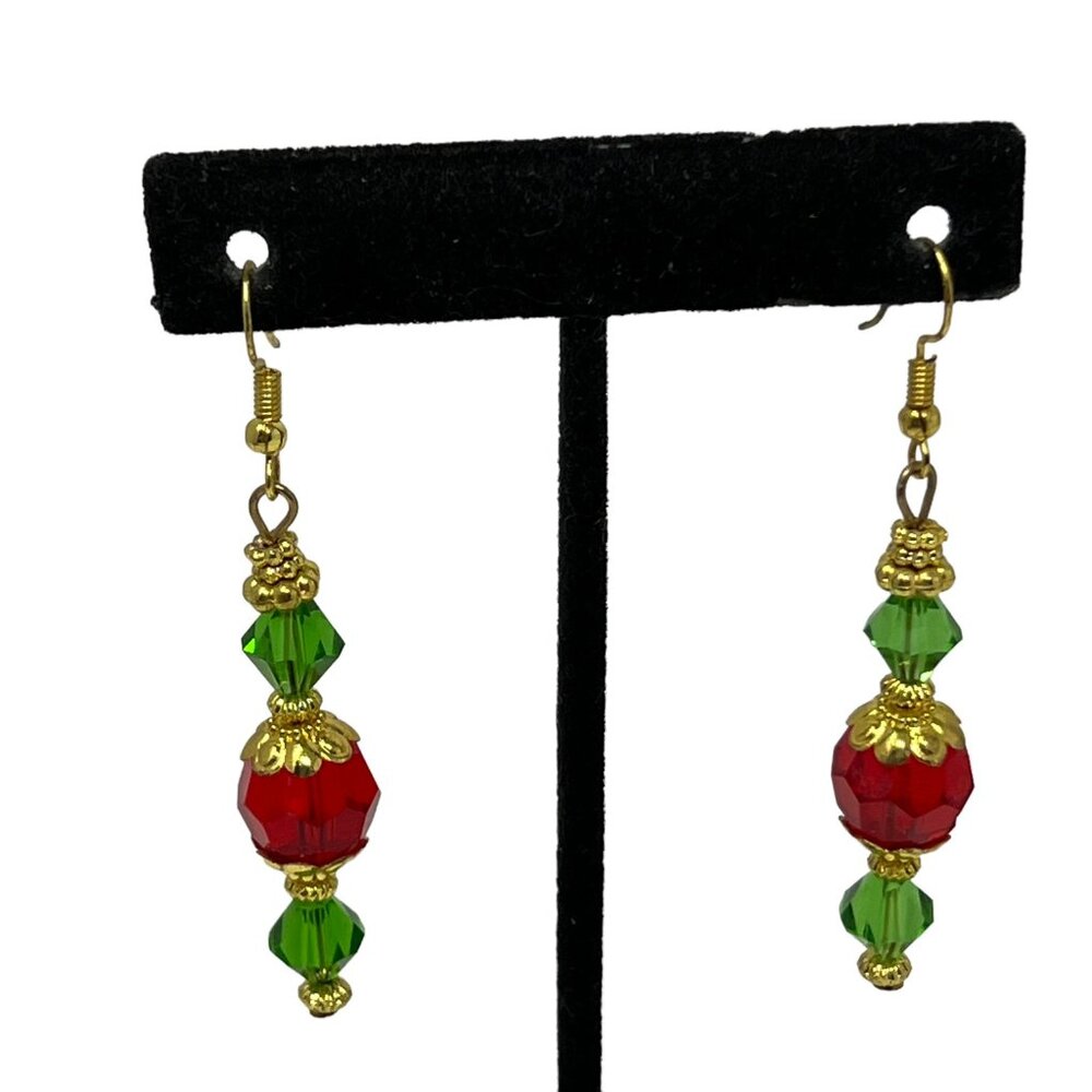 Red Green Beaded Earrings Christmas Holiday Drop Dangle